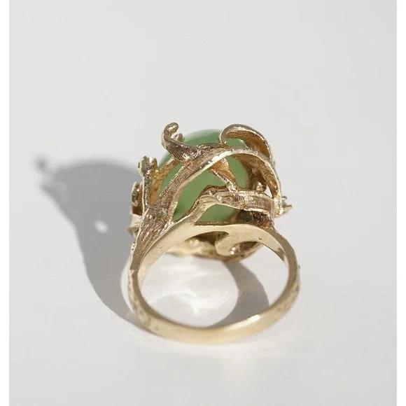 Vintage 10k Solid Gold Natural Untreated Apple Green Jadeite Jade Diamond Ring - Picture 9 of 14